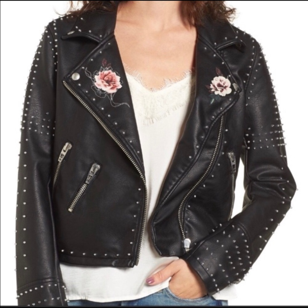 BLANKNY Black Heartbreaker Leather Stud Floral Moto Jacket NWT